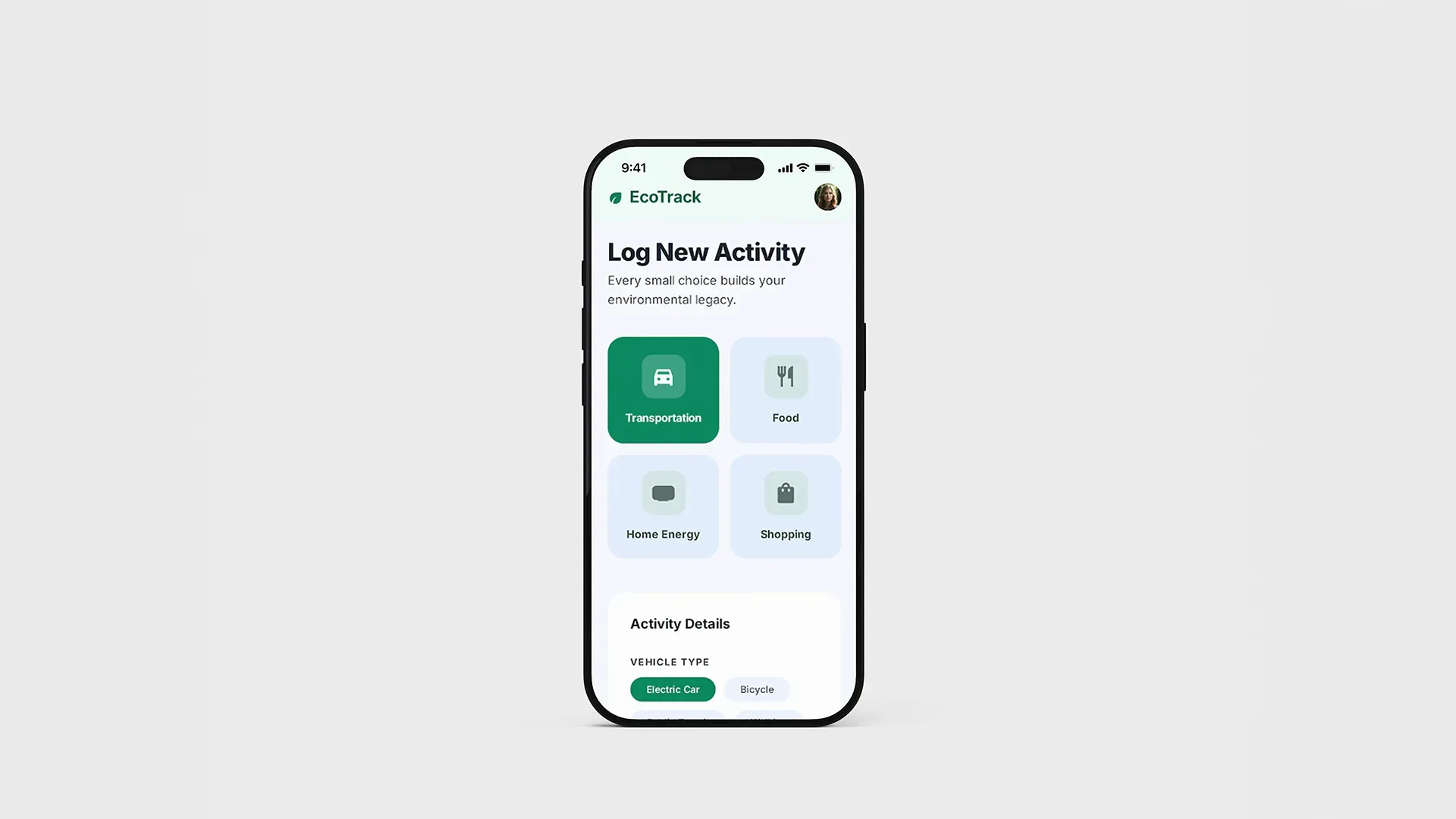 EcoTrack — Activity Logging. EcoTrack activity logging interface concept