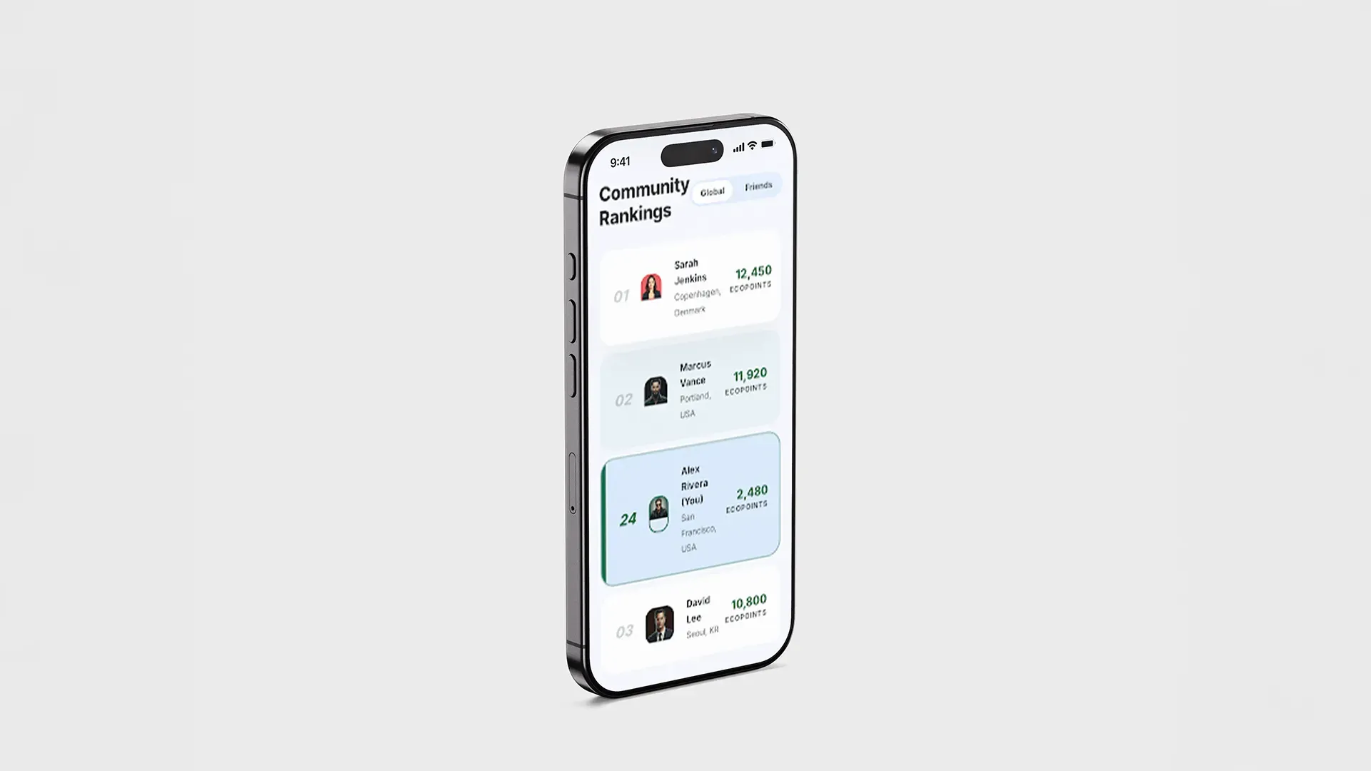EcoTrack — Community Rankings. EcoTrack community rankings interface concept