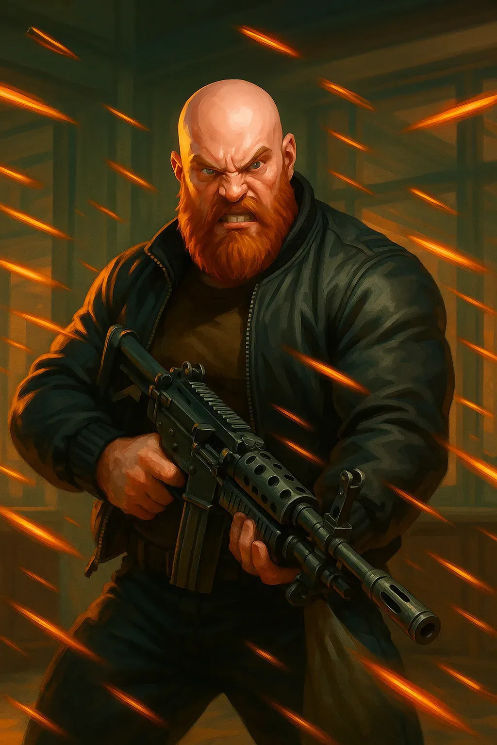 The Heist heavy weapons specialist character concept generated with Midjourney under art direction