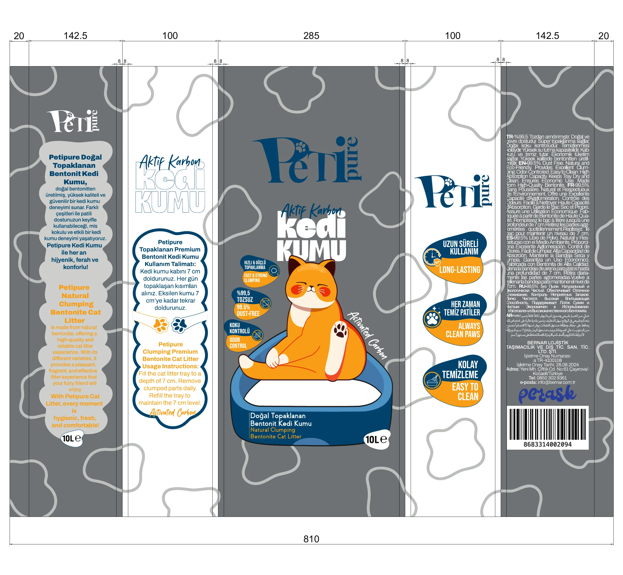 Petipure Activated Carbon 10 L cat litter production artwork with panel dimensions and fold lines