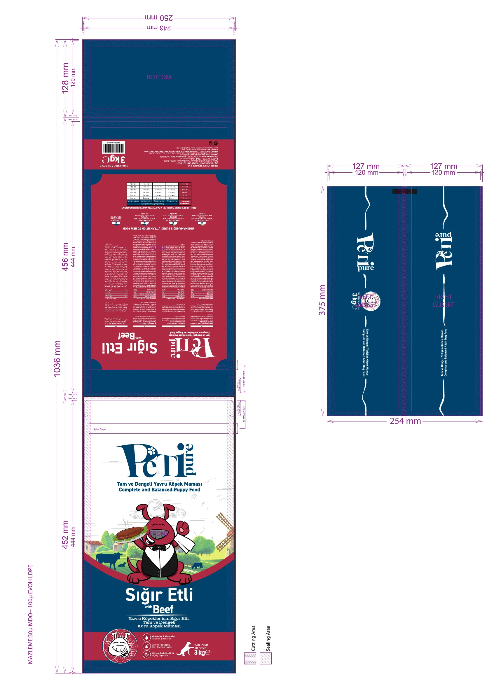 Petipure Beef Puppy 3 kg production artwork with resealable zipper specification and dielines