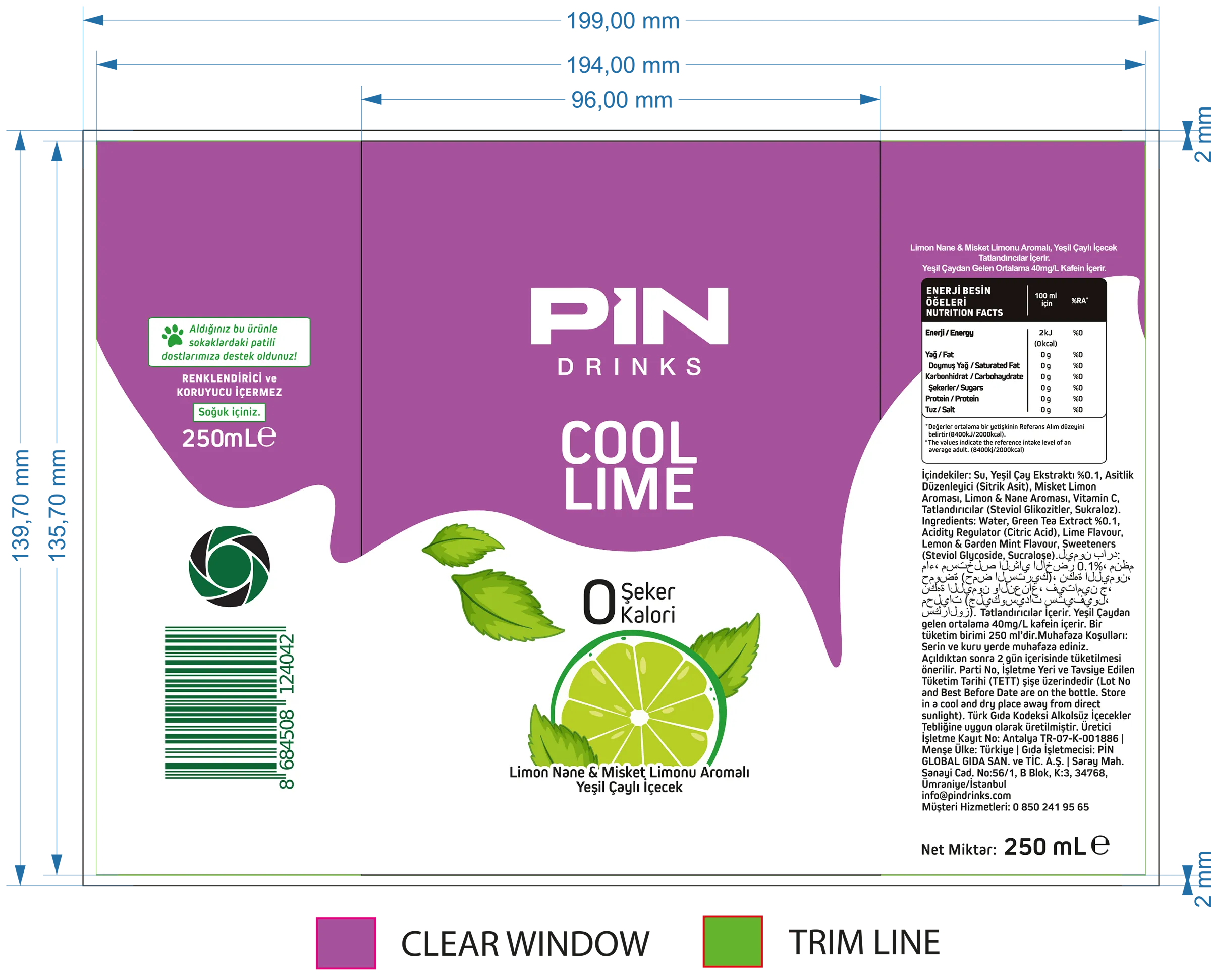 Pin Drinks Cool Lime 250 ml Glass prepress artwork